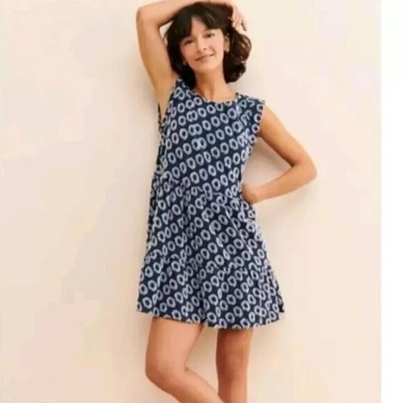 Maeve Lisanne Blue White Textured Circled Mini Dress Boho Flowy Oversized S - Picture 1 of 12